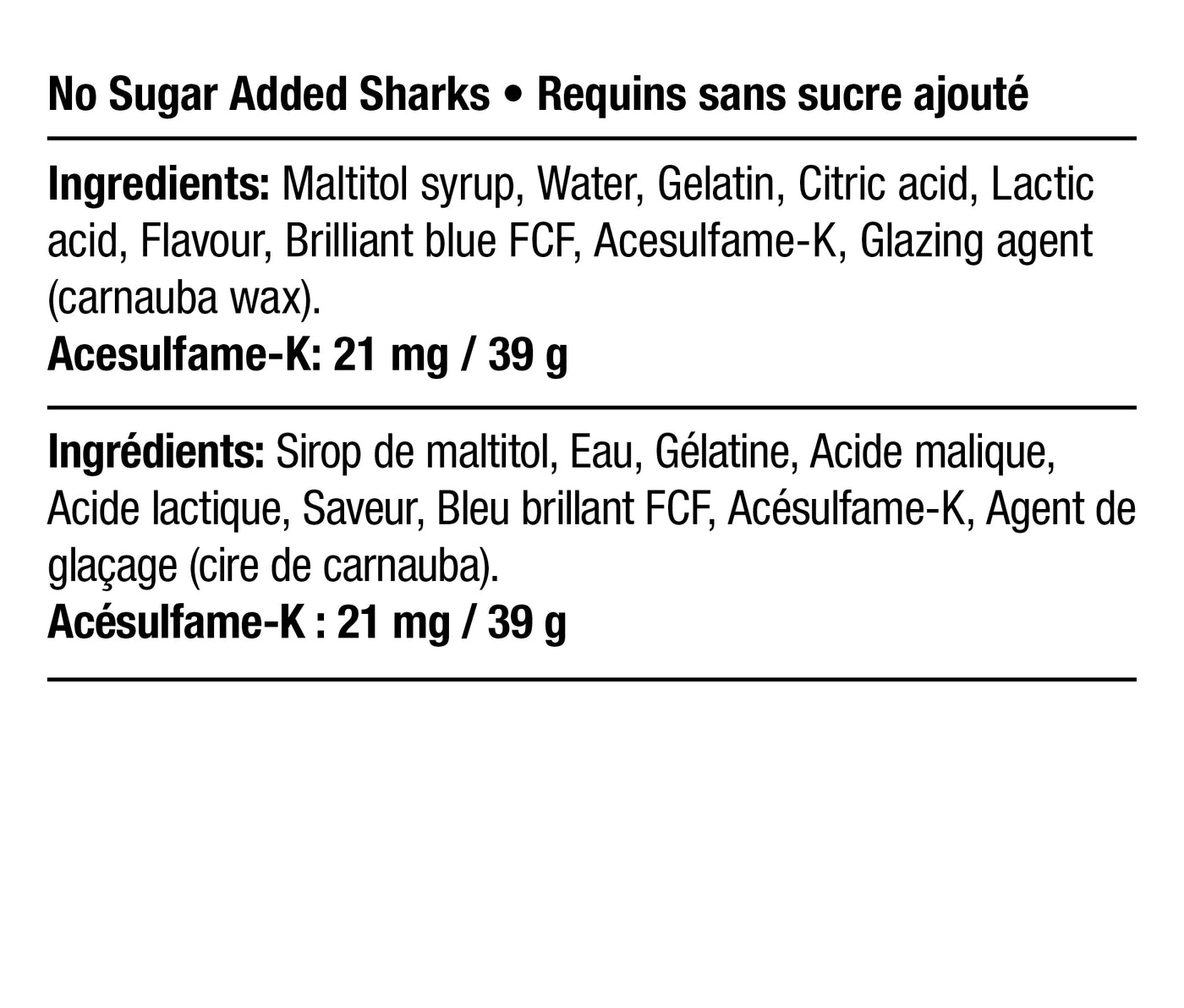 Ingredients - Requins sans sucre ajouté